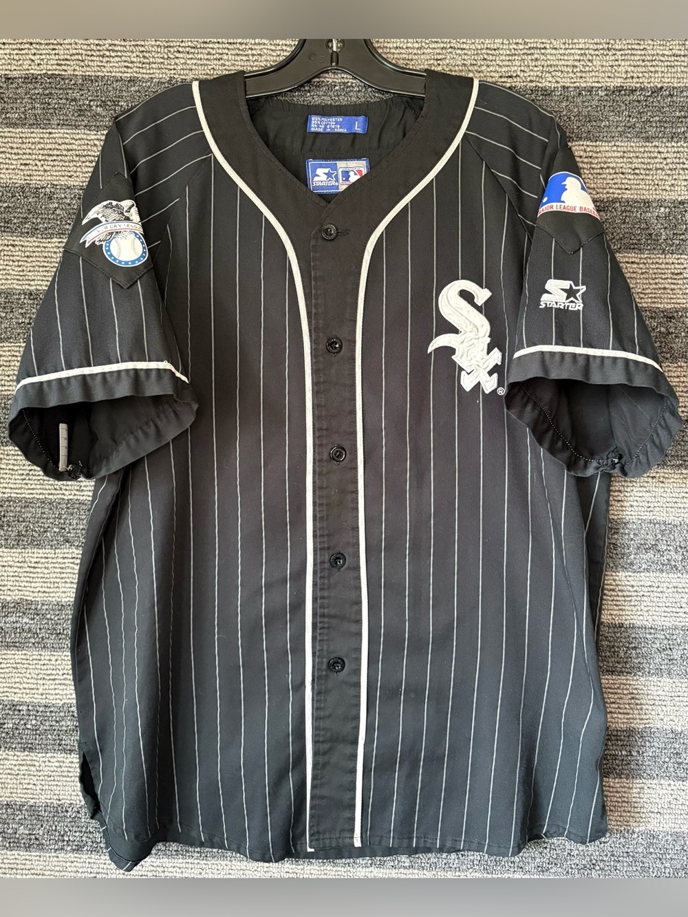 Vintage 90’s STARTER Chicago White Sox Black Pinstripe Baseball Jersey Large EUC